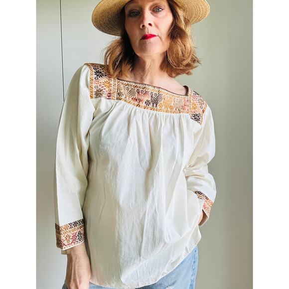 Vintage 70s Peasant Blouse Boho Hand Embroidered Cotton Folk Festival Shirt SZ M - Picture 1 of 13